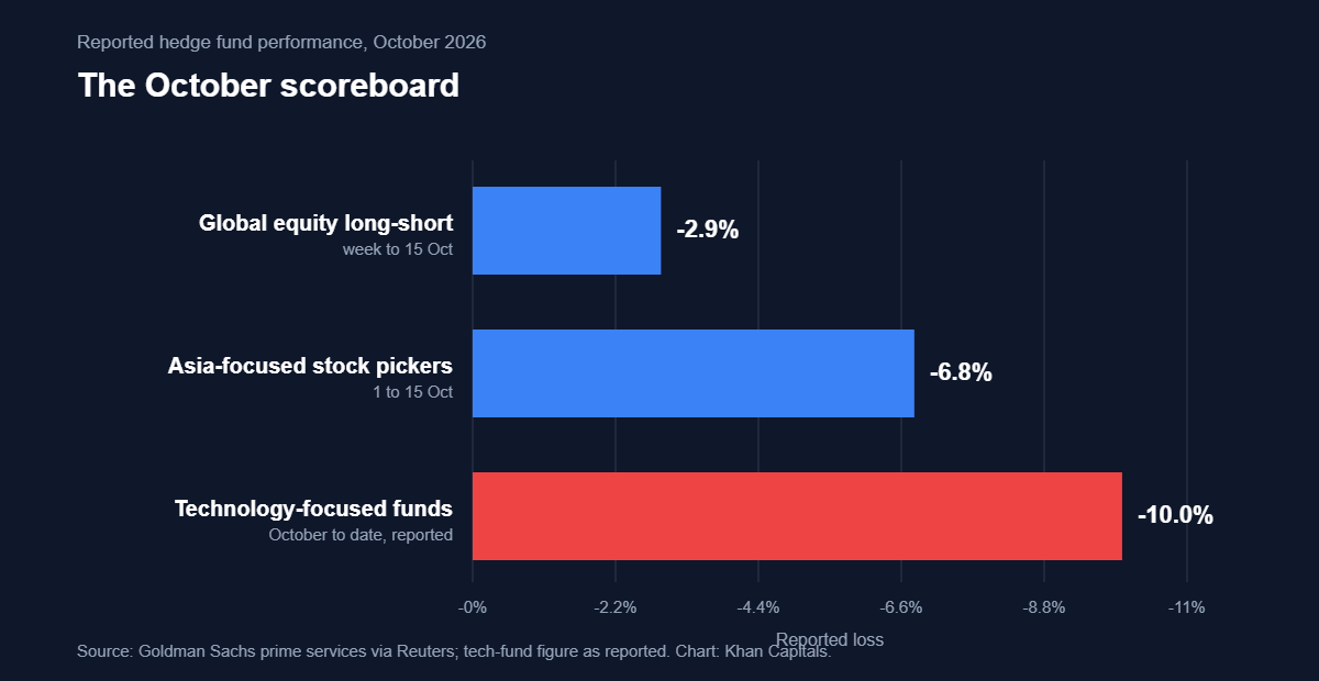 Horizontal bar chart of reported hedge fund losses in October 2026: global equity long-short down 2.9 per cent in the week to 15 October, Asia-focused stock pickers down 6.8 per cent in the first half of October, and technology-focused funds reported down roughly 10 per cent for the month.