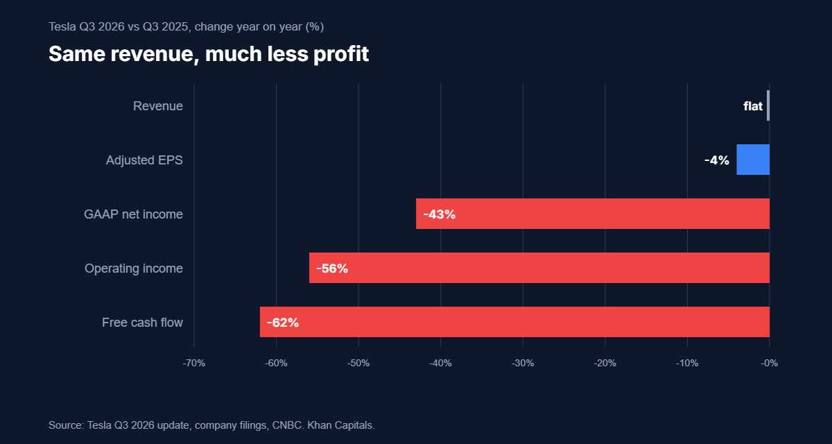Horizontal bar chart of Tesla Q3 2026 year-on-year changes: revenue flat, adjusted EPS -4%, GAAP net income -43%, operating income -56%, free cash flow -62%